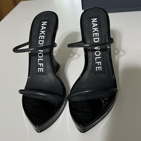 New Naked Wolfe Black Patent Double Strap Wedge Heels Sz 7 Style: Virgin HTF OOP - Picture 5 of 7
